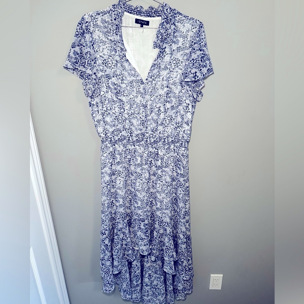 Chiffon Midi Dress in White and Blue